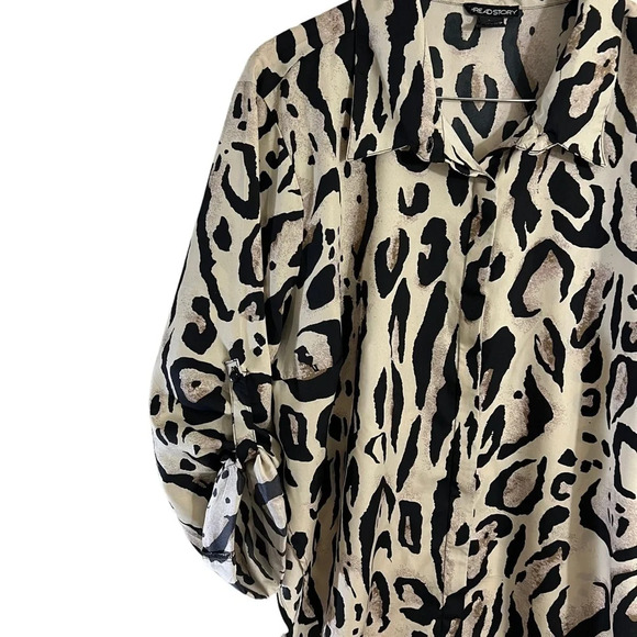 Thread Story Animal Print Button Up Tunic 3X Roll Tab Sleeves Collared Tan Black - Picture 4 of 8